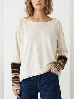 Free People We The Free Stripe Cuff Pullover Top Sunset Ivory Boho Minimalist